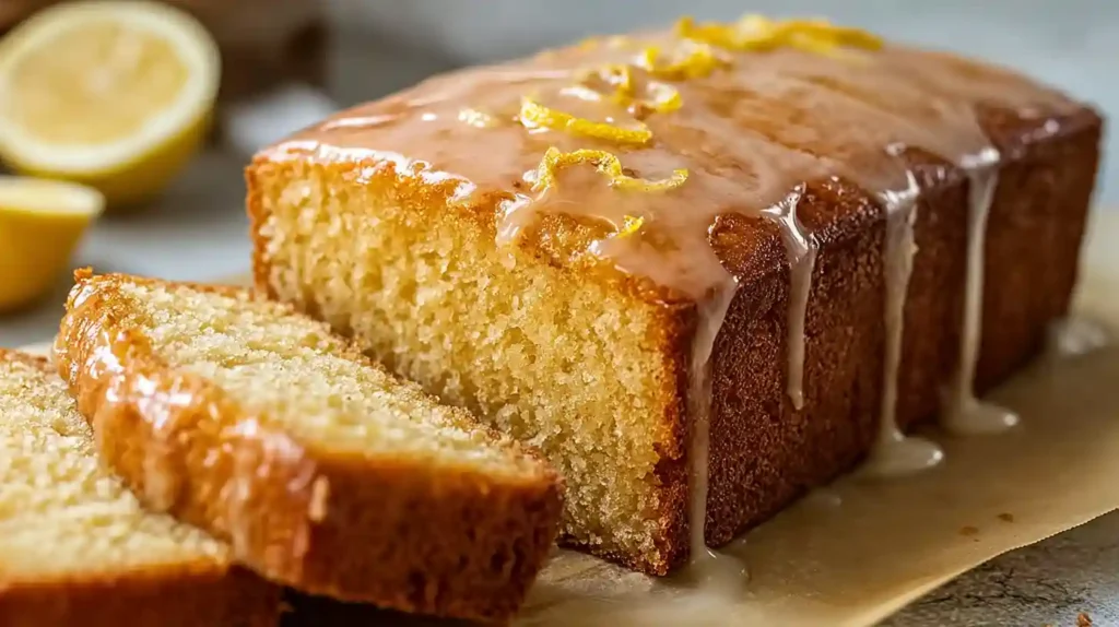 Moist lemon loaf with sweet lemon glaze drizzle fresh lemon zest and bright yellow cake interior