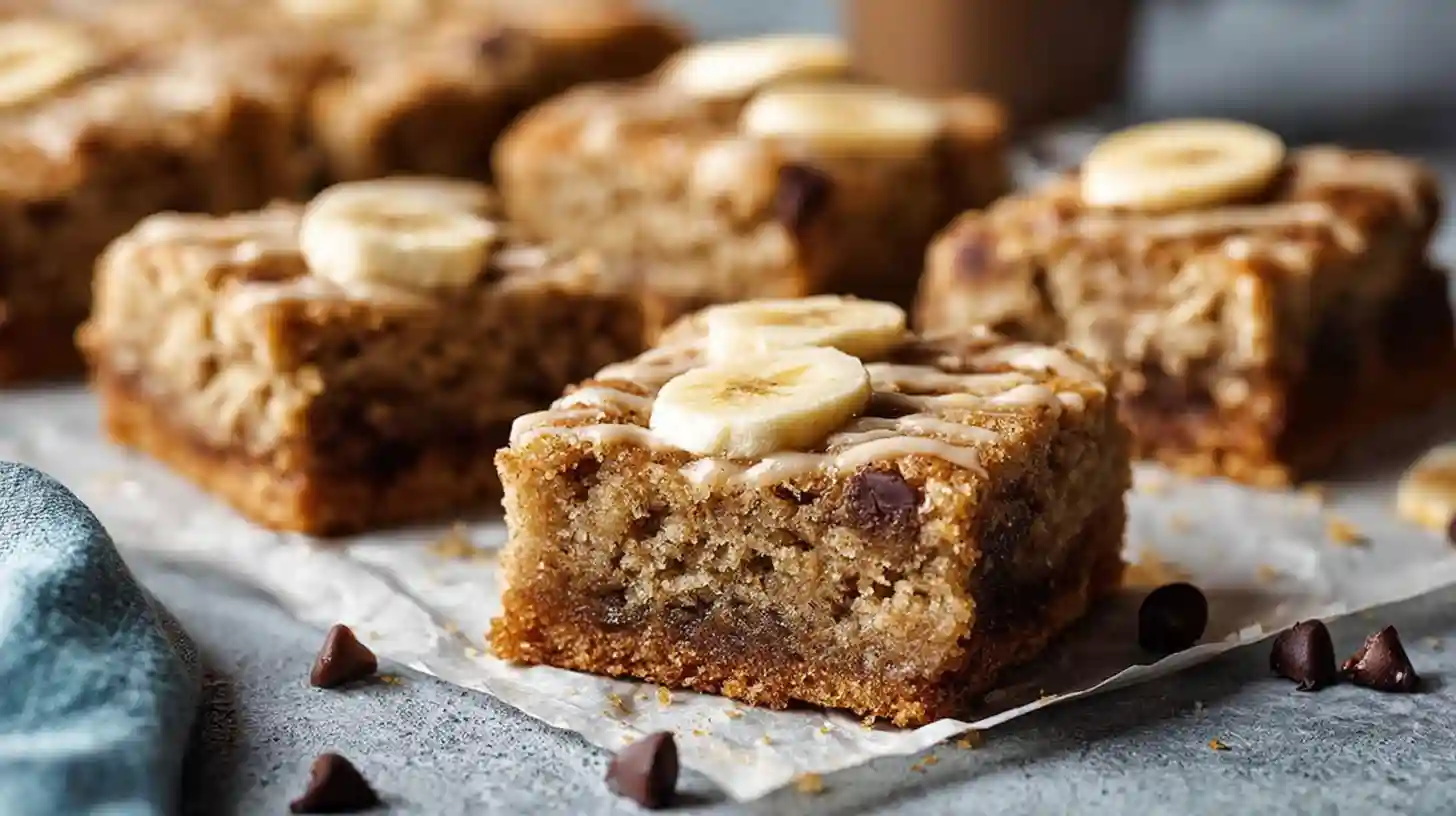 Moist banana bread blondies with ripe bananas brown butter chocolate chips and walnuts cut into thick fudgy squares