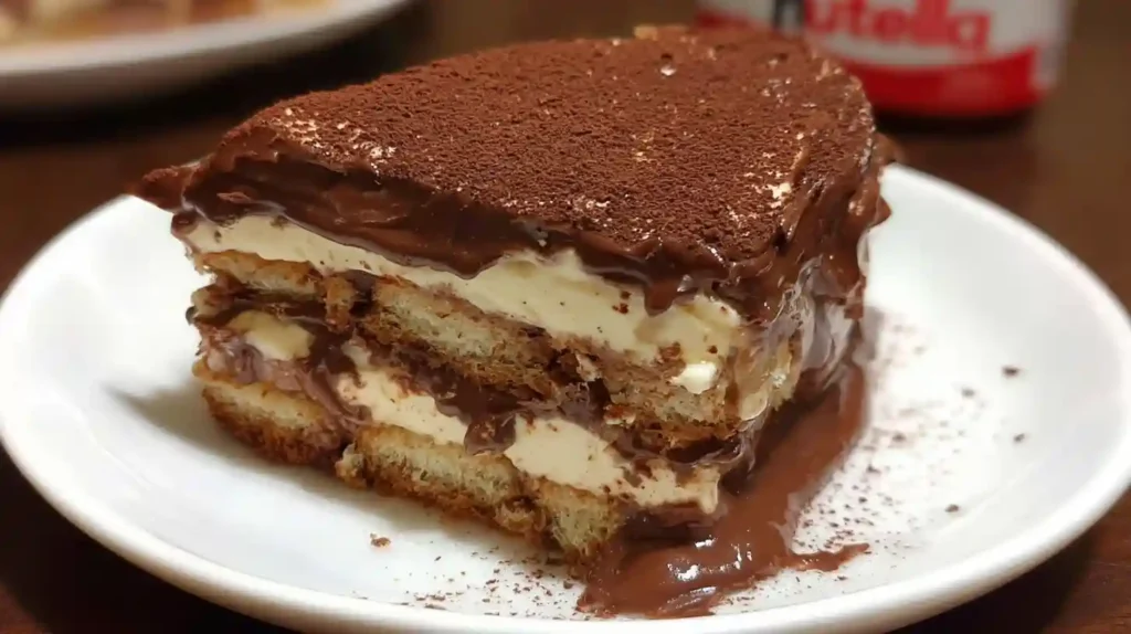 Creamy no-bake Nutella tiramisu cake with layers of coffee-soaked ladyfingers, mascarpone filling, and rich Nutella swirls dusted with cocoa powder