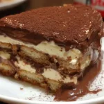 Creamy no-bake Nutella tiramisu cake with layers of coffee-soaked ladyfingers, mascarpone filling, and rich Nutella swirls dusted with cocoa powder