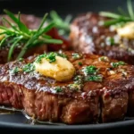 Pan seared steak with garlic butter rosemary and melted butter in a cast iron skillet