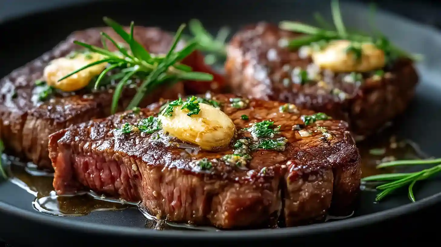 Pan seared steak with garlic butter rosemary and melted butter in a cast iron skillet