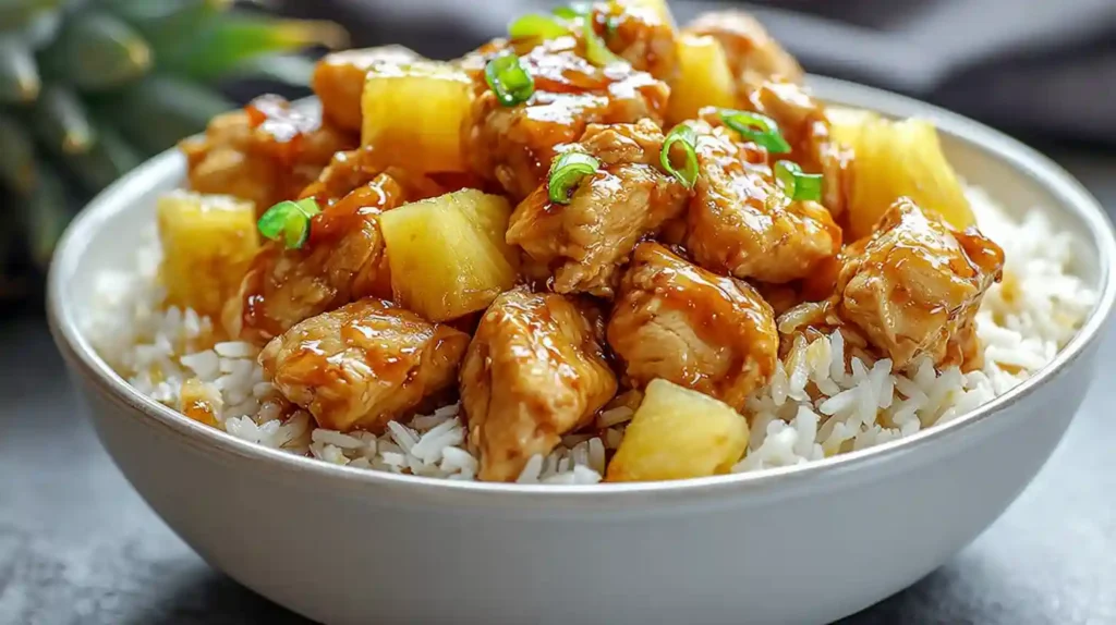 Pineapple chicken and rice skillet with juicy caramelized pineapple chunks, golden chicken, bell peppers, and savory sweet sauce over fluffy white rice