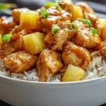 Pineapple chicken and rice skillet with juicy caramelized pineapple chunks, golden chicken, bell peppers, and savory sweet sauce over fluffy white rice