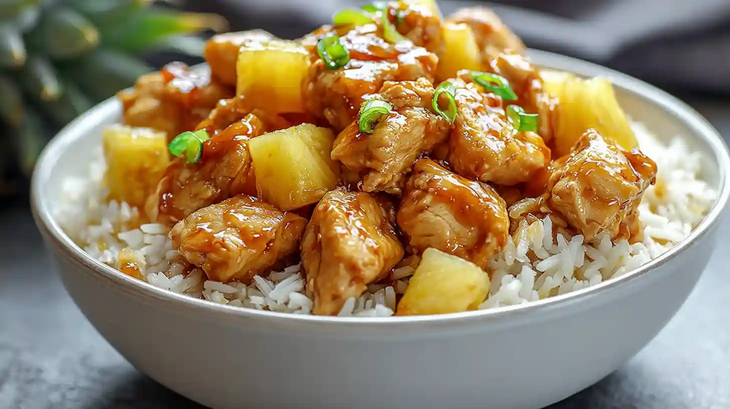 Pineapple chicken and rice skillet with juicy caramelized pineapple chunks, golden chicken, bell peppers, and savory sweet sauce over fluffy white rice