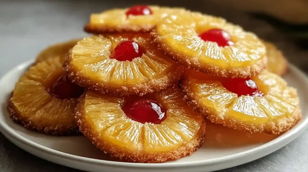 Pineapple upside down sugar cookies with caramelized pineapple rings, brown sugar glaze, and bright maraschino cherries cooling on a wire rack