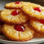 Pineapple upside down sugar cookies with caramelized pineapple rings, brown sugar glaze, and bright maraschino cherries cooling on a wire rack