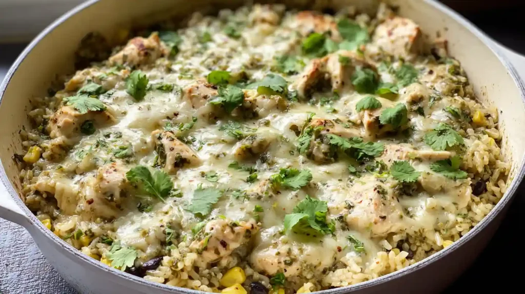 Salsa Verde Chicken & Rice Skillet with tender shredded chicken green salsa verde rice black beans corn Monterey Jack cheese and fresh cilantro