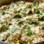 Salsa Verde Chicken & Rice Skillet with tender shredded chicken green salsa verde rice black beans corn Monterey Jack cheese and fresh cilantro