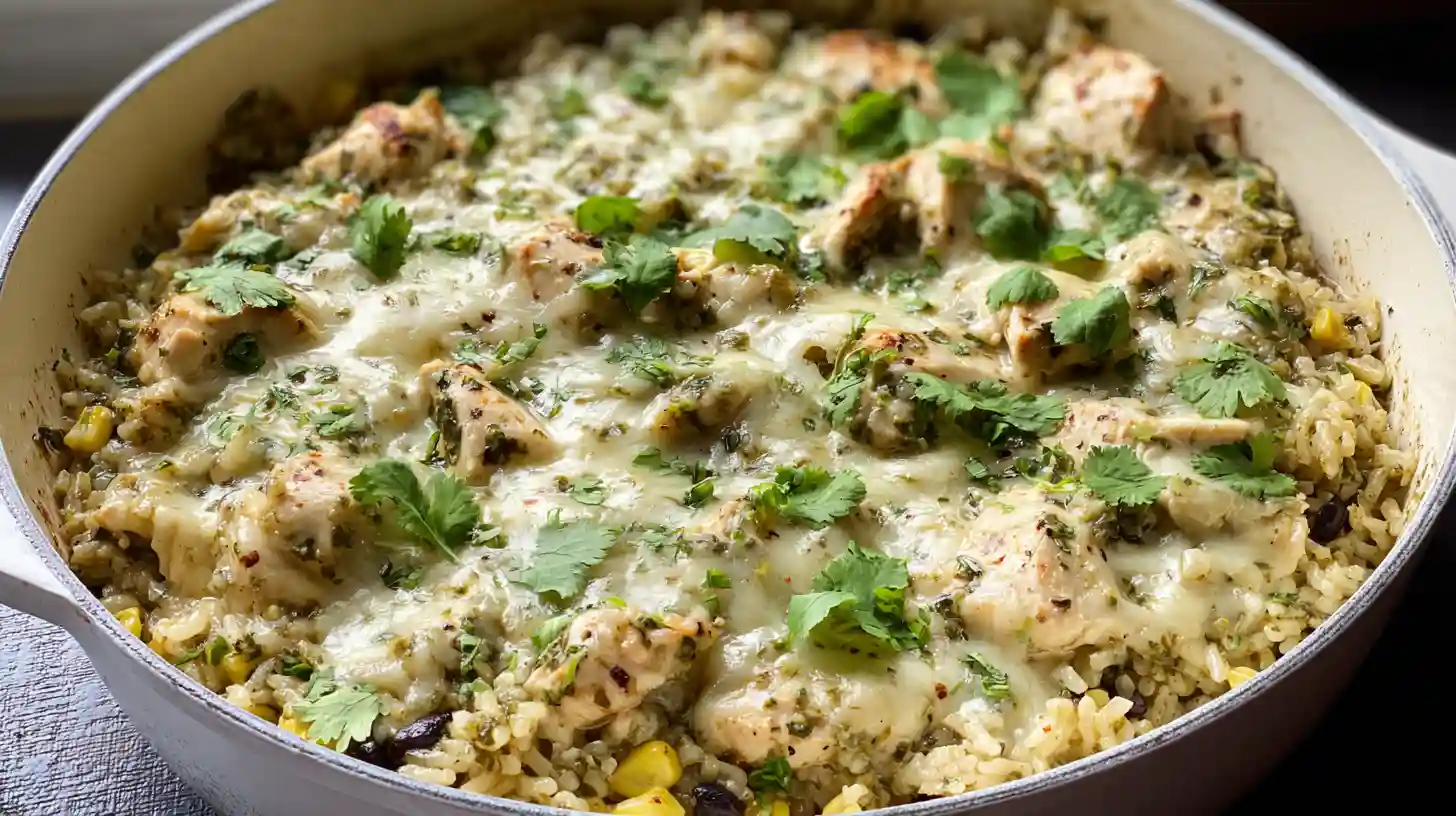 Salsa Verde Chicken & Rice Skillet with tender shredded chicken green salsa verde rice black beans corn Monterey Jack cheese and fresh cilantro