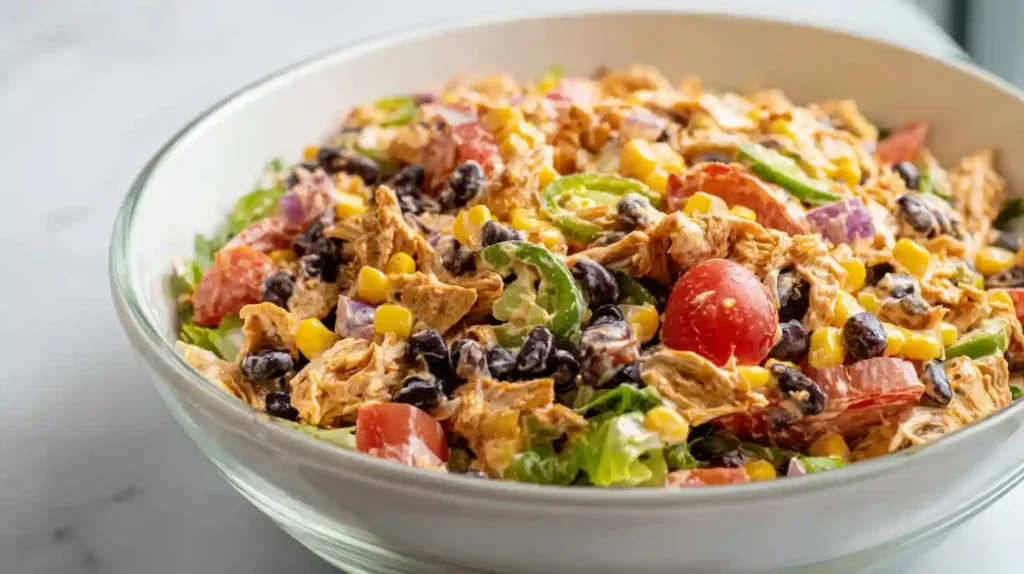 Southwest chicken salad healthy meal prep lunch 15 minutes with 4 cups cooked diced chicken breast 1 cup frozen corn thawed 1 can 15-ounce black beans rinsed drained 1 cup chopped green onions quarter cup fresh cilantro 1 medium red bell pepper diced, creamy lime honey Greek yogurt dressing juice one lime 3 tablespoons juice half lemon 2 tablespoons 2 tablespoons honey 3 tablespoons olive oil quarter cup nonfat Greek yogurt 2 teaspoons cumin half teaspoon oregano 1 teaspoon kosher salt whisked smooth, dressing poured over chicken mixture tossed fully coated, refrigerated served immediately romaine bed or wrap