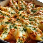 Classic stuffed shells filled with ricotta and mozzarella cheese baked in marinara sauce in a white casserole dish