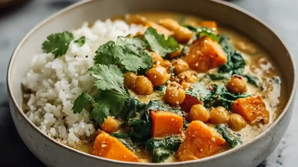 Sweet Potato and Chickpea Curry a warm bowl of golden‑orange curry with soft sweet potato chunks, chickpeas, spinach, and a creamy coconut‑based sauce, served over white rice with lime and fresh cilantro