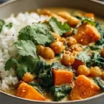Sweet Potato and Chickpea Curry a warm bowl of golden‑orange curry with soft sweet potato chunks, chickpeas, spinach, and a creamy coconut‑based sauce, served over white rice with lime and fresh cilantro