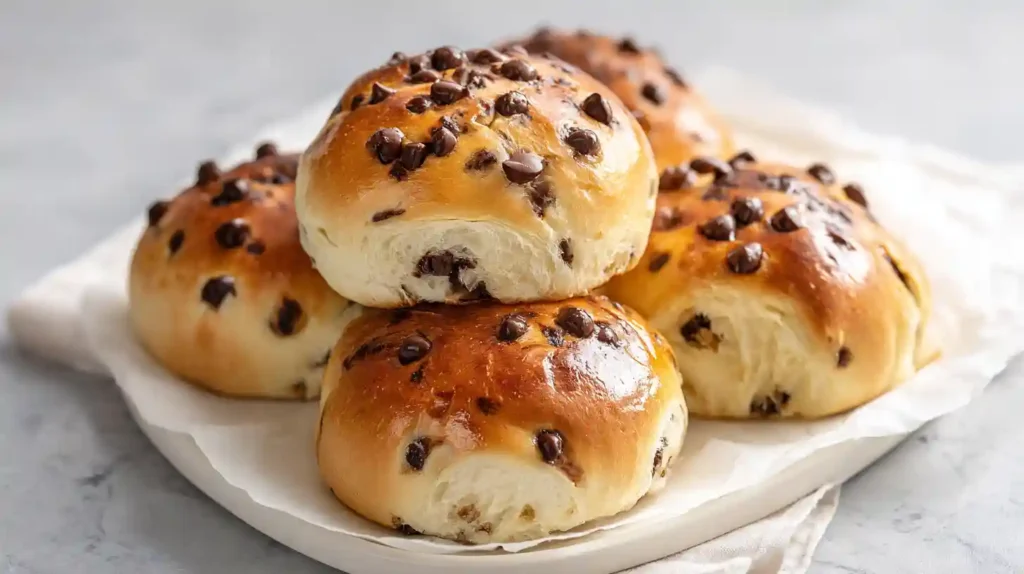 The fluffiest chocolate chip milk buns golden pillowy and soft fresh out of the oven loaded with melted chocolate chips on a parchment lined baking pan
