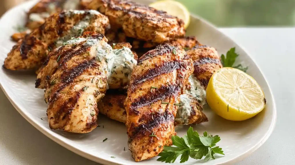 Juicy yogurt marinated chicken thighs grilled to golden perfection served with fresh lemon wedges, cilantro, and creamy yogurt dipping sauce