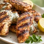 Juicy yogurt marinated chicken thighs grilled to golden perfection served with fresh lemon wedges, cilantro, and creamy yogurt dipping sauce